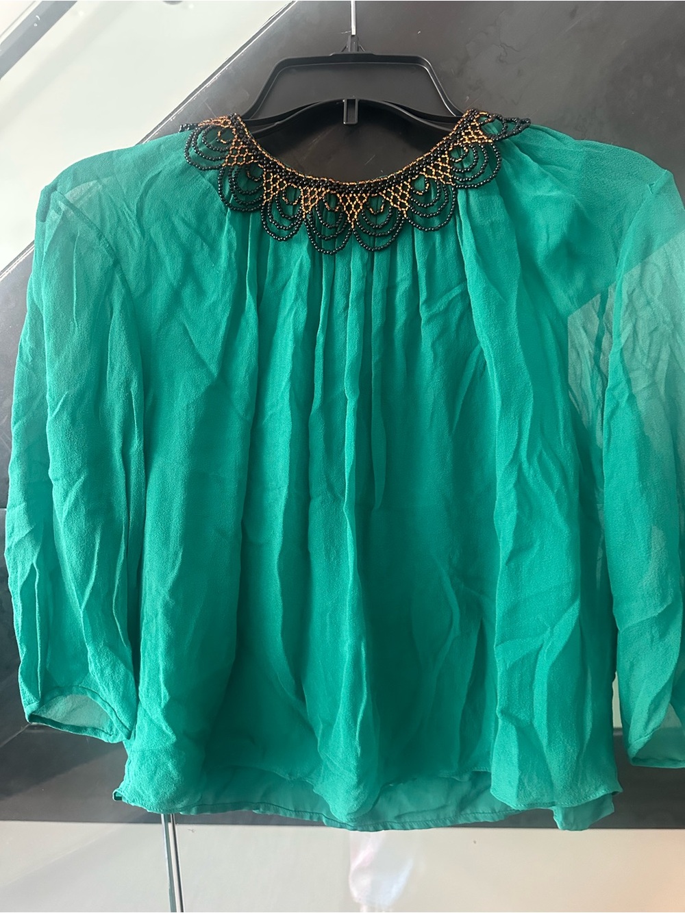 3.1 Phillip Lim Emerald Green Silk Blouse with Beaded Neckline - Picture 3 of 5